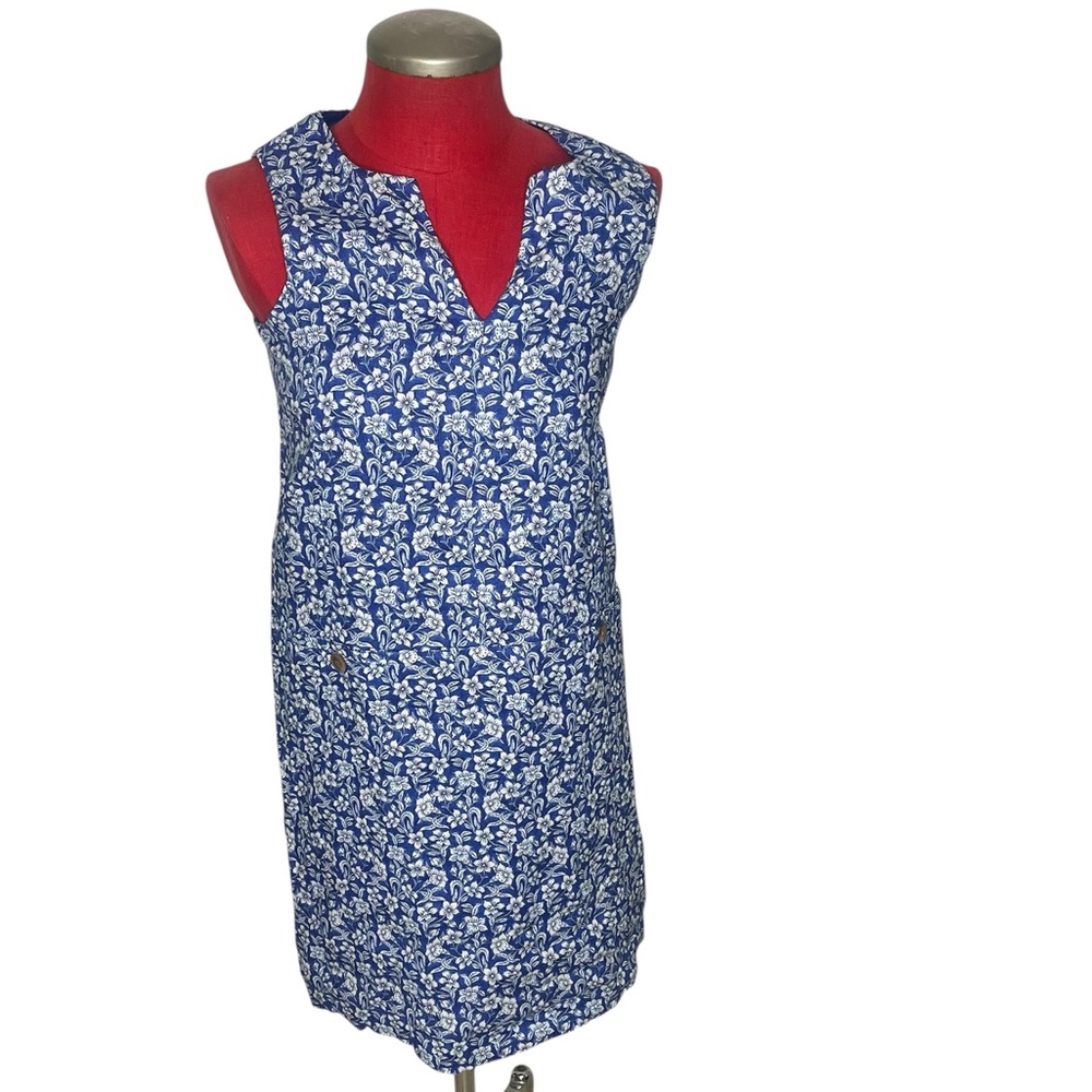 J. McLaughlin Rue Navy Blue Linen Floral Sleeveless Shift  Dress XS